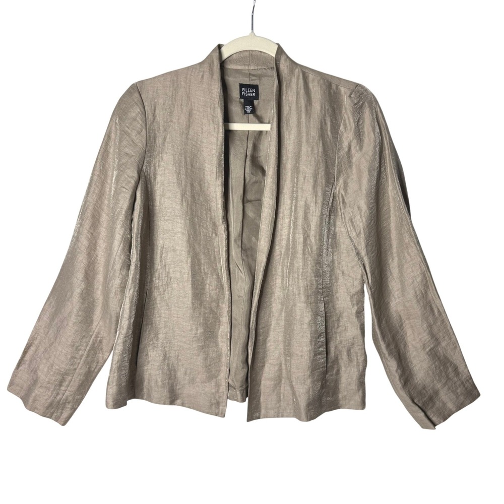 Eileen Fisher Blazer XS Champagne Metallic Linen Silk Blend Minimalist Lagenlook